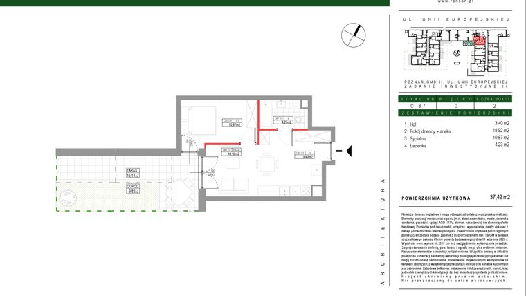 Rzut - Mieszkanie na sprzedaż 2 pokoje o powierzchni 37,42 m² - numer C087 w Grunwald Między Drzewami etap III