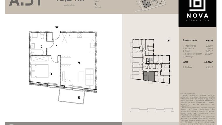 Rzut - Mieszkanie na sprzedaż 2 pokoje o powierzchni 46,24 m² - numer A51 w Nova Ceramiczna