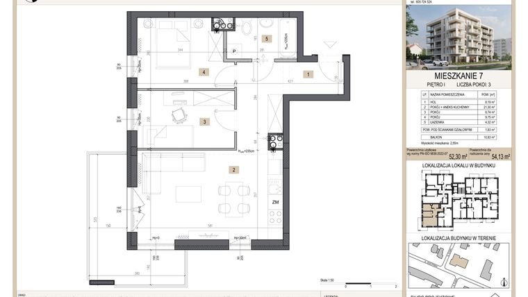 Rzut - Mieszkanie na sprzedaż 3 pokoje o powierzchni 54,13 m² - numer M7 w Nova Leszczyńska