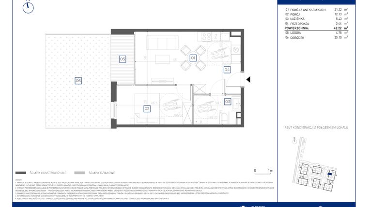 Rzut - Mieszkanie na sprzedaż 2 pokoje o powierzchni 42,22 m² - numer 1.0.5 w Atria Nowe Żerniki