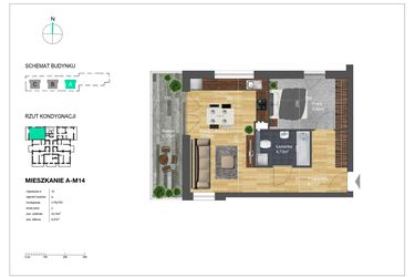 Rzut - Mieszkanie na sprzedaż 2 pokoje o powierzchni 43,74 m² - numer A-M14 w Bunscha Park 4.0