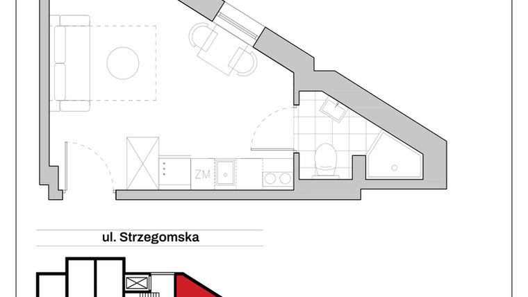 Rzut - Mieszkanie na sprzedaż 1 pokój o powierzchni 19,03 m² - numer 25 w Strzegomska 226