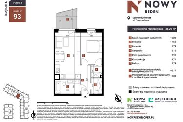 Rzut - Mieszkanie na sprzedaż 2 pokoje o powierzchni 48,2 m² - numer A93 w Nowy Reden