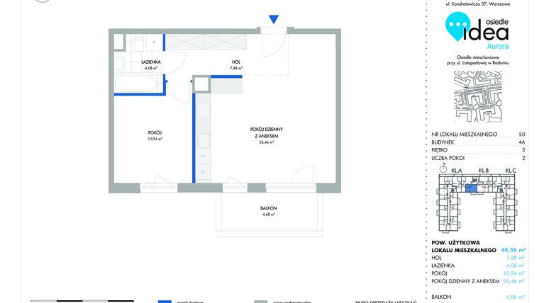 Rzut - Mieszkanie na sprzedaż 2 pokoje o powierzchni 48,37 m² - numer 50.4A w Osiedle Idea Aurora