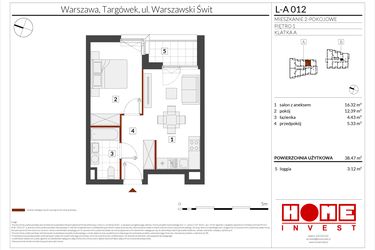 Rzut - Mieszkanie na sprzedaż 2 pokoje o powierzchni 38,47 m² - numer WS-L-A012 w Warszawski Świt etap XII