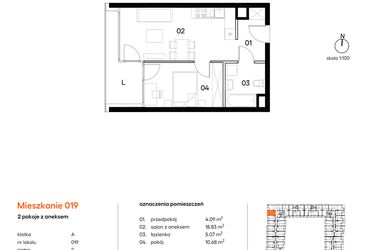Rzut - Mieszkanie na sprzedaż 2 pokoje o powierzchni 38,67 m² - numer A019 w Miasto Polskich Mistrzów Olimpijskich