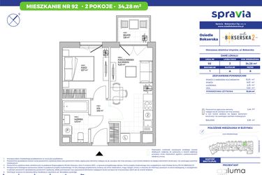 Rzut - Mieszkanie na sprzedaż 2 pokoje o powierzchni 34,28 m² - numer B1.92 w Osiedle Bokserska 2
