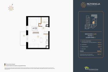 Rzut - Mieszkanie na sprzedaż 1 pokój o powierzchni 38,54 m² - numer A.105 w Rezydencja Śródmiejska