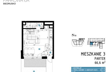 Rzut - Mieszkanie na sprzedaż 3 pokoje o powierzchni 66,6 m² - numer 6A.3 w Parkowa 6AC - ETAP III