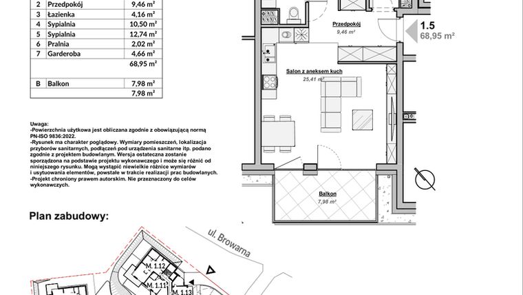 Rzut - Mieszkanie na sprzedaż 3 pokoje o powierzchni 68,95 m² - numer M1.5 w Bulwary Apartamenty