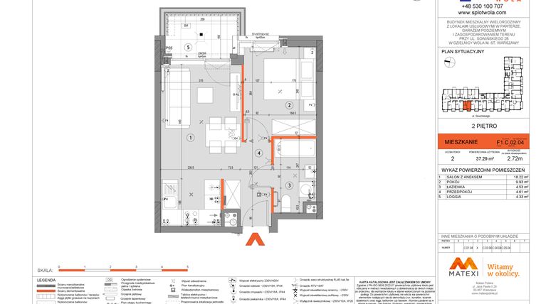Rzut - Mieszkanie na sprzedaż 2 pokoje o powierzchni 37,29 m² - numer F1.C.02.04 w Splot Wola