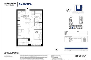 Rzut - Mieszkanie na sprzedaż 2 pokoje o powierzchni 43,19 m² - numer 1BB0105 w Awangarda Mogilska