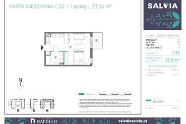 Rzut - Mieszkanie na sprzedaż 1 pokój o powierzchni 33,55 m² - numer C.52 w Osiedle Salvia