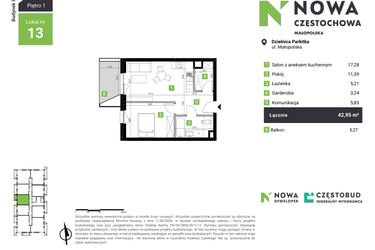 Rzut - Mieszkanie na sprzedaż 2 pokoje o powierzchni 42,95 m² - numer C13 w Nowa Częstochowa Małopolska