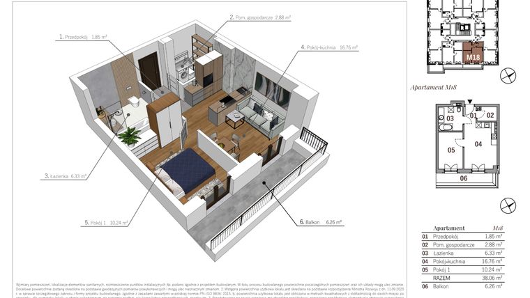 Rzut - Mieszkanie na sprzedaż 2 pokoje o powierzchni 38,06 m² - numer M18 w Przy Parku etap II