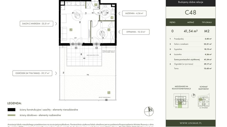 Rzut - Mieszkanie na sprzedaż 2 pokoje o powierzchni 41,54 m² - numer C48 w Quattro Ursynów