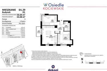 Rzut - Mieszkanie na sprzedaż 3 pokoje o powierzchni 55,08 m² - numer D1.29 w Osiedle Kociewskie etap III