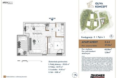 Rzut - Mieszkanie na sprzedaż 2 pokoje o powierzchni 47,34 m² - numer C.1.3 w Oliva Koncept II