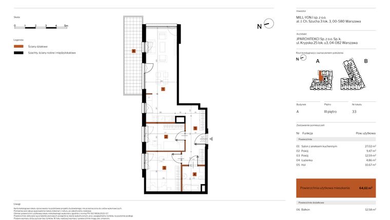 Rzut - Mieszkanie na sprzedaż 3 pokoje o powierzchni 64,61 m² - numer 33 w MY Głębocka