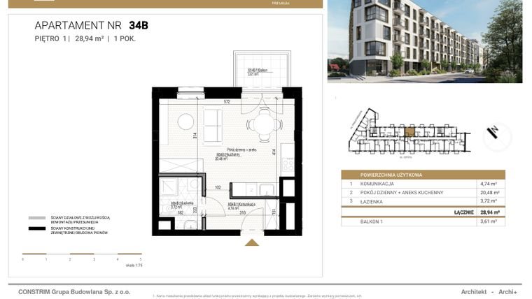 Rzut - Mieszkanie na sprzedaż 1 pokój o powierzchni 28,94 m² - numer 34b w Czysta Premium