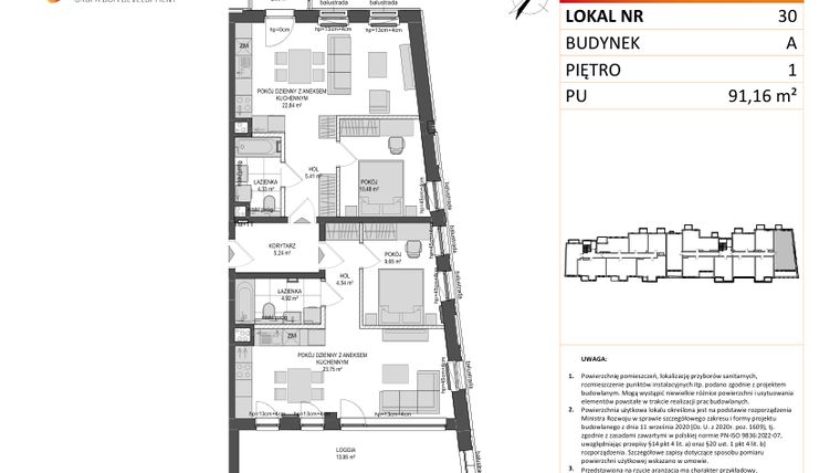 Rzut - Mieszkanie na sprzedaż 4 pokoje o powierzchni 91,13 m² - numer A.30 w Jaskółcza