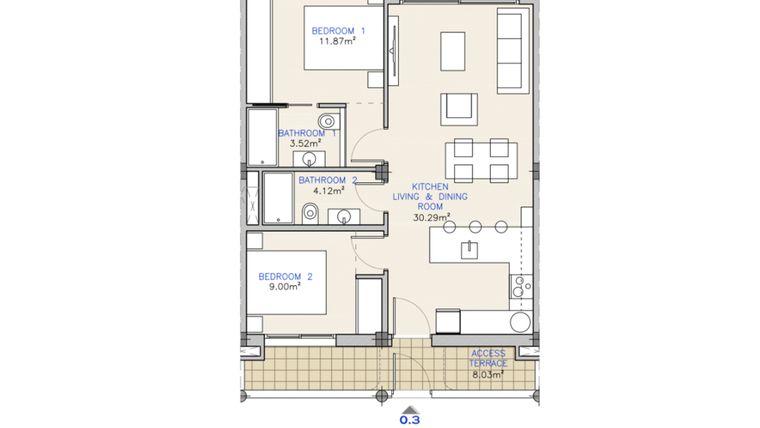 Rzut - Mieszkanie na sprzedaż 2 pokoje o powierzchni 76,33 m² - numer 0.3 w Mieszkania w Los Alcazares, RD-65933