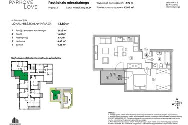 Rzut - Mieszkanie na sprzedaż 2 pokoje o powierzchni 43,89 m² - numer A.34 w Parkove Love