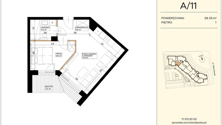 Rzut - Mieszkanie na sprzedaż 2 pokoje o powierzchni 38,35 m² - numer WA2/A/11 w Waniliowa