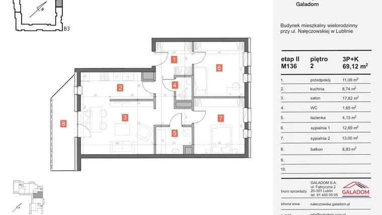 Rzut - Mieszkanie na sprzedaż 3 pokoje o powierzchni 69,12 m² - numer M-136 w Nałęczowska etap II