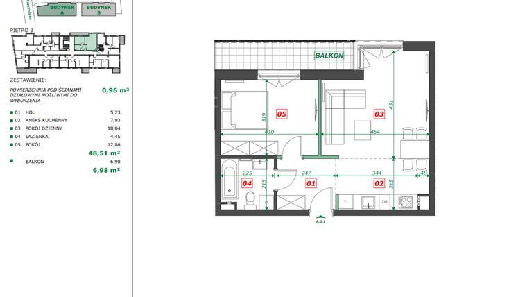 Rzut - Mieszkanie na sprzedaż 2 pokoje o powierzchni 49,47 m² - numer A.3.1 w Apartamenty Pszczyńska