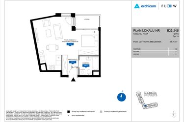 Rzut - Mieszkanie na sprzedaż 1 pokój o powierzchni 38,76 m² - numer B23 245 w Flow - bud. B2 A i bud. B2 B