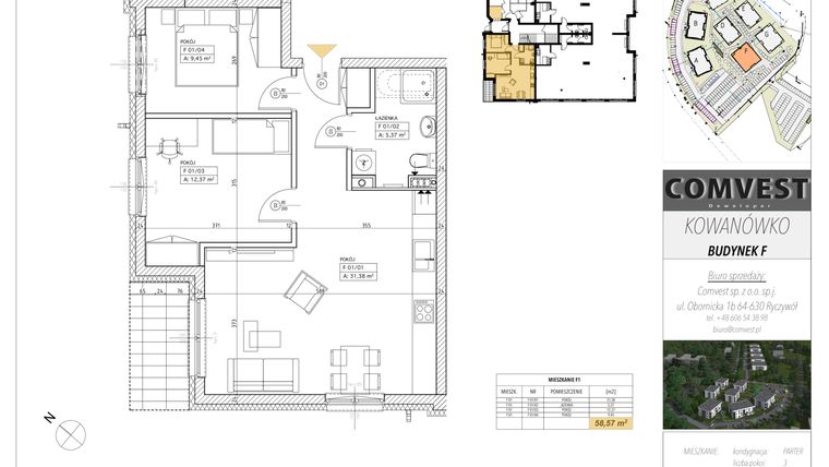 Rzut - Mieszkanie na sprzedaż 3 pokoje o powierzchni 58,57 m² - numer F1 w Kowanówko