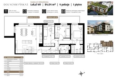 Rzut - Mieszkanie na sprzedaż 4 pokoje o powierzchni 84,04 m² - numer M1 w Dolnomłyńska 5