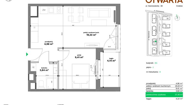 Rzut - Mieszkanie na sprzedaż 2 pokoje o powierzchni 37,45 m² - numer B1-8 w Forma Otwarta etap II