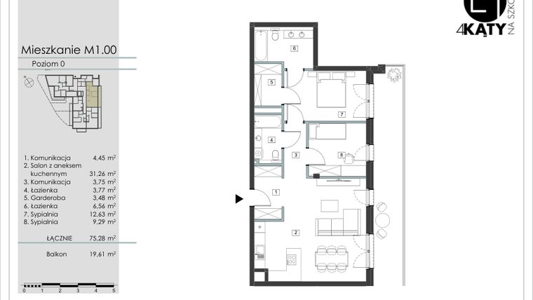 Rzut - Mieszkanie na sprzedaż 3 pokoje o powierzchni 75,28 m² - numer M1.00 w 4 Kąty na Szkolnej