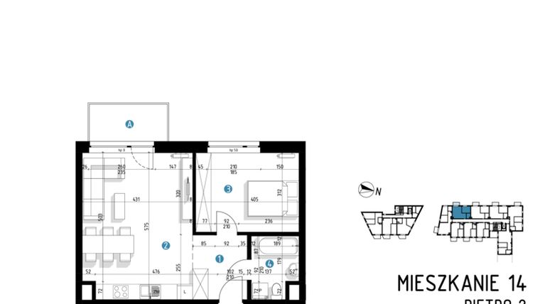 Rzut - Mieszkanie na sprzedaż 2 pokoje o powierzchni 46 m² - numer 6A.14 w Parkowa 6AC - ETAP III