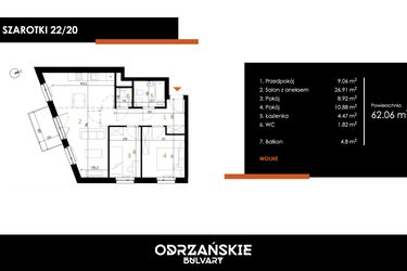 Rzut - Mieszkanie na sprzedaż 3 pokoje o powierzchni 62,06 m² - numer 22/20 w Odrzańskie Bulvary