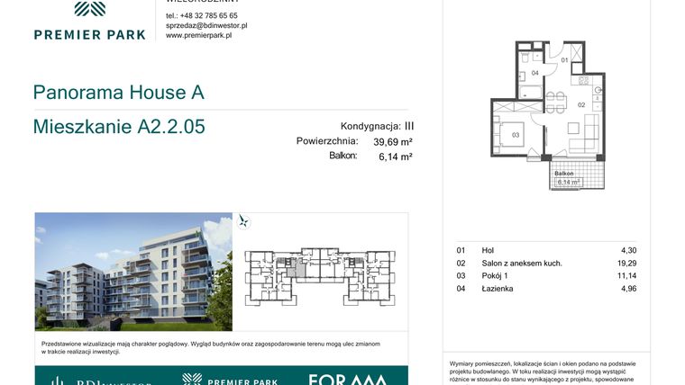 Rzut - Mieszkanie na sprzedaż 2 pokoje o powierzchni 39,69 m² - numer A2.2.05 w Premier Park II