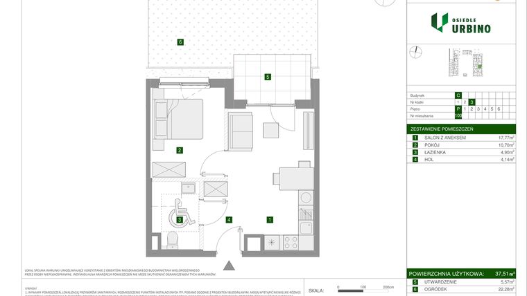 Rzut - Mieszkanie na sprzedaż 2 pokoje o powierzchni 37,51 m² - numer 1.3.C.100 w Osiedle Urbino