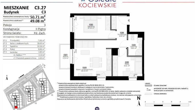 Rzut - Mieszkanie na sprzedaż 3 pokoje o powierzchni 49,08 m² - numer C3.27 w Osiedle Kociewskie etap III