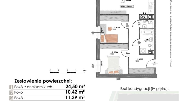 Rzut - Mieszkanie na sprzedaż 3 pokoje o powierzchni 64,46 m² - numer B1.45 w Przędzalniana 64 przy Księżym Młynie