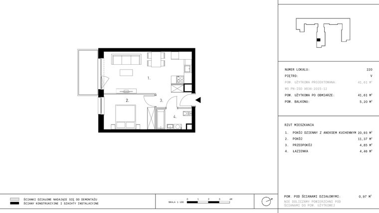 Rzut - Mieszkanie na sprzedaż 2 pokoje o powierzchni 41,61 m² - numer 5.A39 w Staszica 3