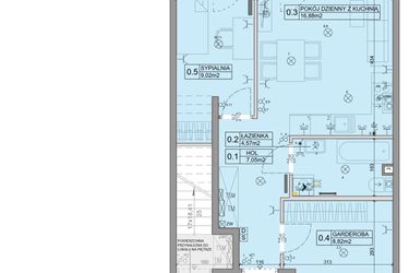 Rzut - Mieszkanie na sprzedaż 3 pokoje o powierzchni 46,34 m² - numer 99 w Manufaktura Marki 2 etap IV