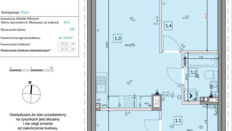 Rzut - Mieszkanie na sprzedaż 3 pokoje o powierzchni 55,09 m² - numer 15B w Osiedle Młodych