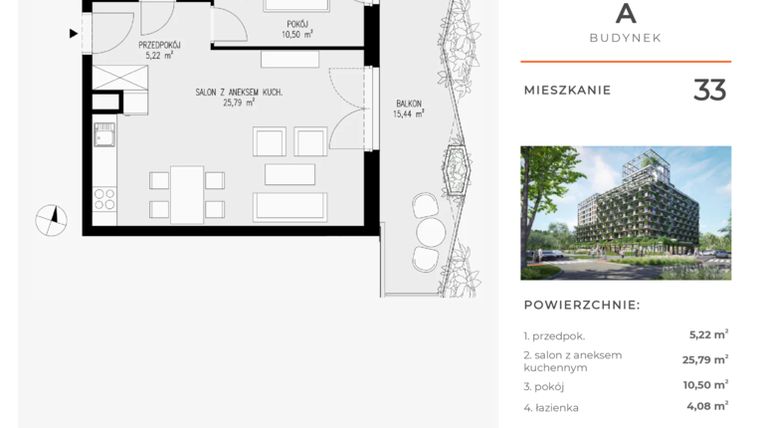 Rzut - Mieszkanie na sprzedaż 2 pokoje o powierzchni 45,59 m² - numer 33 w Semiramis