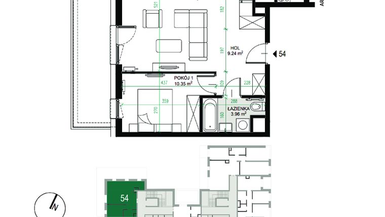 Rzut - Mieszkanie na sprzedaż 2 pokoje o powierzchni 53,89 m² - numer 54. w Ułanów 58
