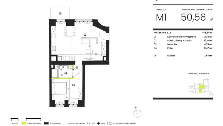 Rzut - Mieszkanie na sprzedaż 2 pokoje o powierzchni 50,56 m² - numer B.1.3 w Ogrody Staromiejskie
