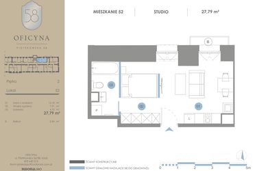Rzut - Mieszkanie na sprzedaż 1 pokój o powierzchni 27,79 m² - numer 52 w Oficyna - mieszkania
