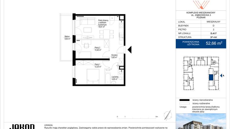 Rzut - Mieszkanie na sprzedaż 3 pokoje o powierzchni 52,66 m² - numer D.A17 w Wieruszowska D