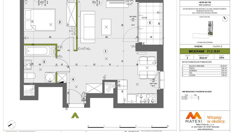 Rzut - Mieszkanie na sprzedaż 2 pokoje o powierzchni 43,65 m² - numer F1.C.10.01 w XYZ Place